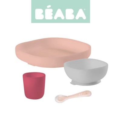 Komplet naczyń z silikonu z przyssawką pink / Beaba