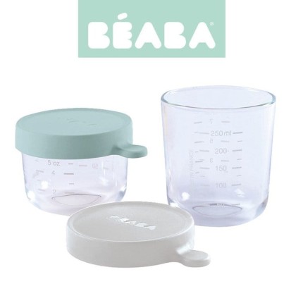 Zestaw pojemników słoiczków szklanych z hermetycznym zamknięciem 150 + 250 ml airy green i light mist / Beaba
