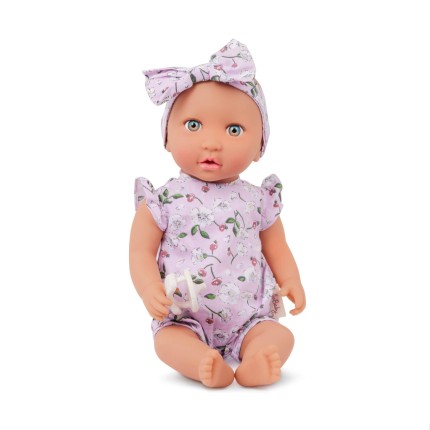 Lalka niemowlę ze smoczkiem, w ubranku w kwiatuszki i opasce, wersja fioletowa / LullaBaby