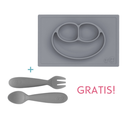 Silikonowy talerzyk z podkładką 2w1 Happy Mat + GRATIS komplet silikonowych sztućców szary / EZPZ