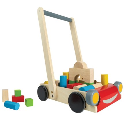 Drewniany wózek do pchania z klockami / Plan Toys