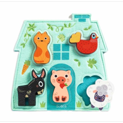 Filcowy domek z drewnianymi puzzlami MOUKI / Djeco DJ01072