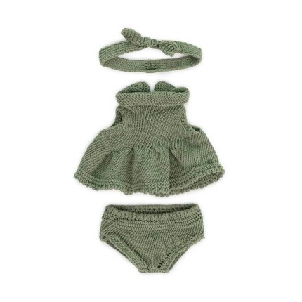 Dzianinowy zestaw dla lalki Miniland 21 cm – sukienka z opaską, khaki / 31682