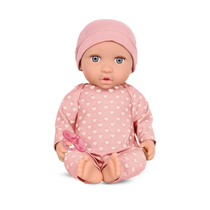 Lalka niemowlę ze smoczkiem, w piżamce w serduszka i czapeczce / LullaBaby