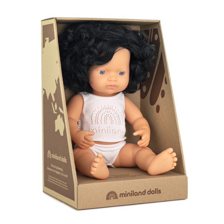 Lalka dziewczynka Europejka czarne kręcone włosy 38cm Miniland Doll