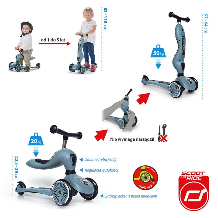Highwaykick1 2w1 Jeździk i hulajnoga 1-5 lat Steel / Scootandride