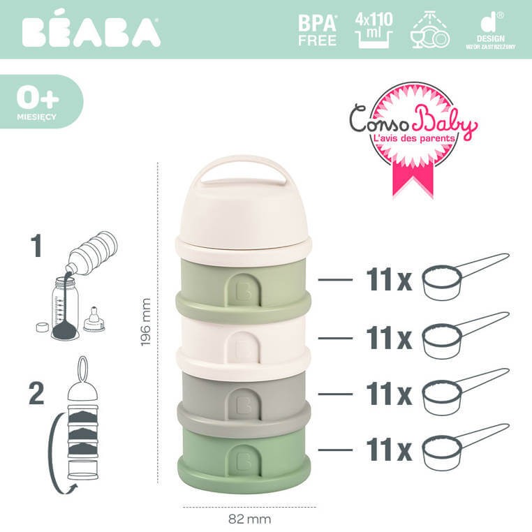 Pojemniki na mleko w proszku 4 komory cotton white-sage green / Beaba