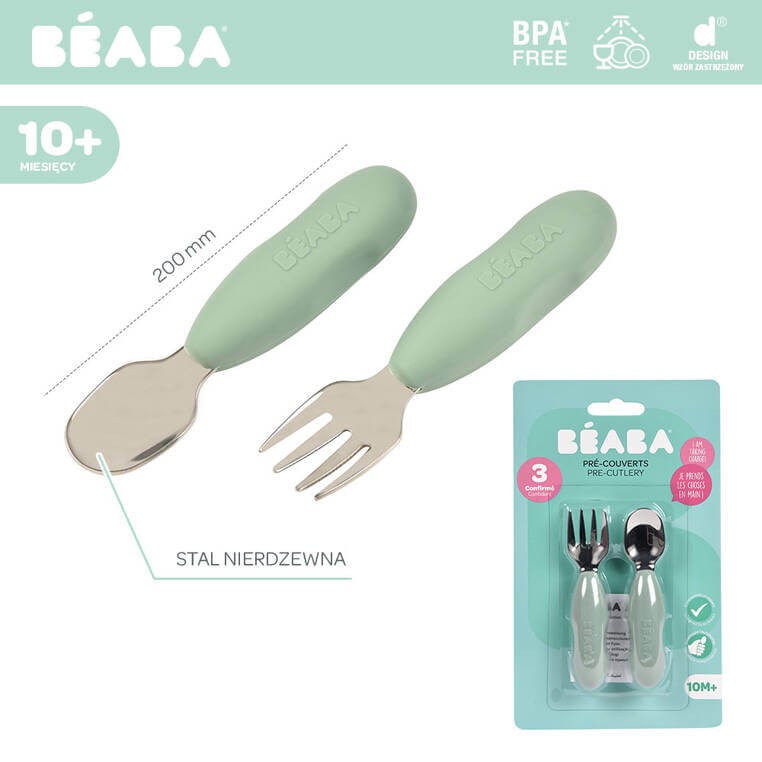 Zestaw pierwszych sztućców ze stali nierdzewnej Sage green / Beaba