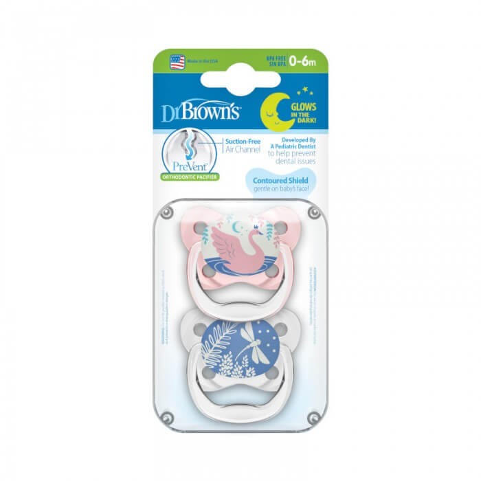Smoczki ortodontyczne Prevent 2-pack, świecący w ciemności różowy / Dr Brown's