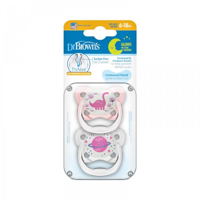 Smoczki ortodontyczne Prevent 2-pack, świecący w ciemności różowy / Dr Brown's