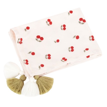 Otulacz lekki kocyk bambusowy Wisienki z frędzlami 120x100 cm / Samiboo