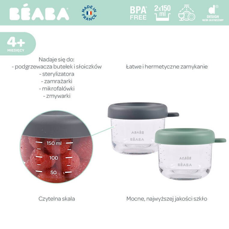 Zestaw pojemników słoiczków szklanych z zamknięciem 2 x 150 ml Mineral, Sage green / Beaba