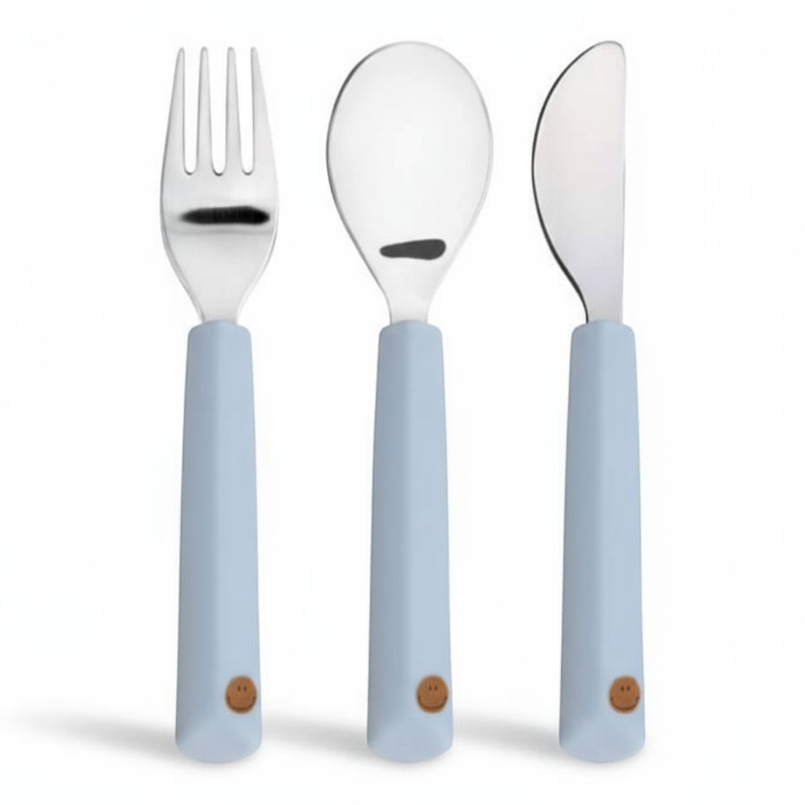 Zestaw sztućców ze stali nierdzewnej Happy Rascals - Smile sky blue / Lassig