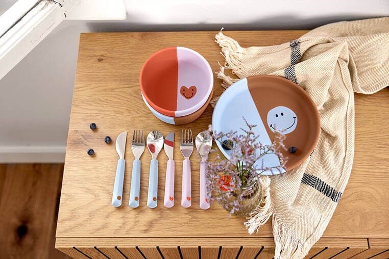 Zestaw sztućców ze stali nierdzewnej Happy Rascals - Smile sky blue / Lassig