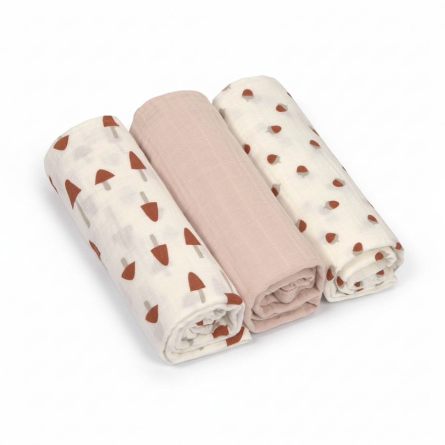 Muślinowy otulacz-kocyk z biobawełny 85x85cm - Little Forest powder pink, 3 szt. / Lassig