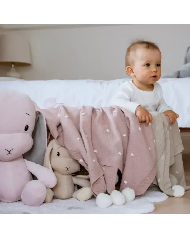 Kocyk popcorn - beżowy z kremowymi pomponami / Effiki