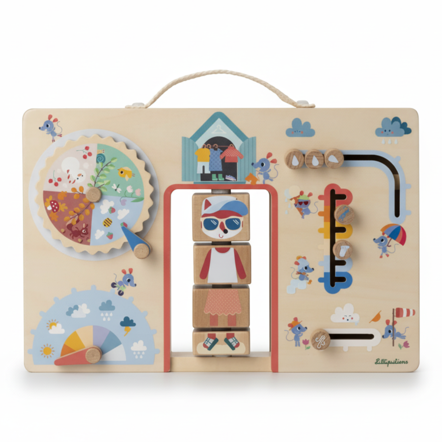 Drewniana tablica manipulacyjna walizka "Ubranie na każdą pogodę" Lisiczka Alice 2 lata +