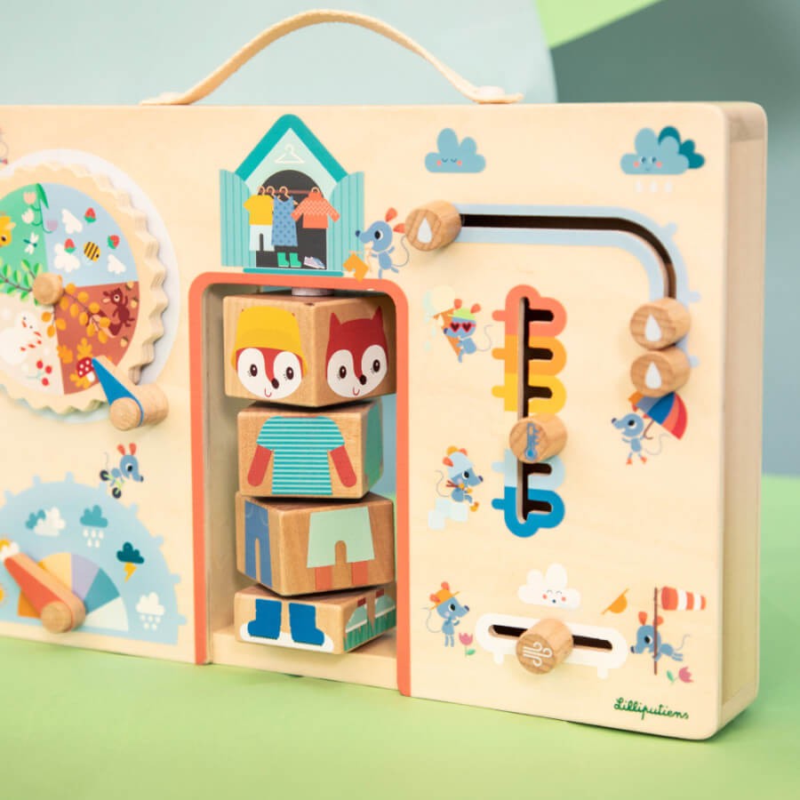 Drewniana tablica manipulacyjna walizka "Ubranie na każdą pogodę" Lisiczka Alice 2 lata +
