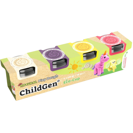 Naturalna ciastolina w eko-kubkach - zestaw 4 kolorów: Biały, Różowy, Fioletowy, Żółty / ChildGen