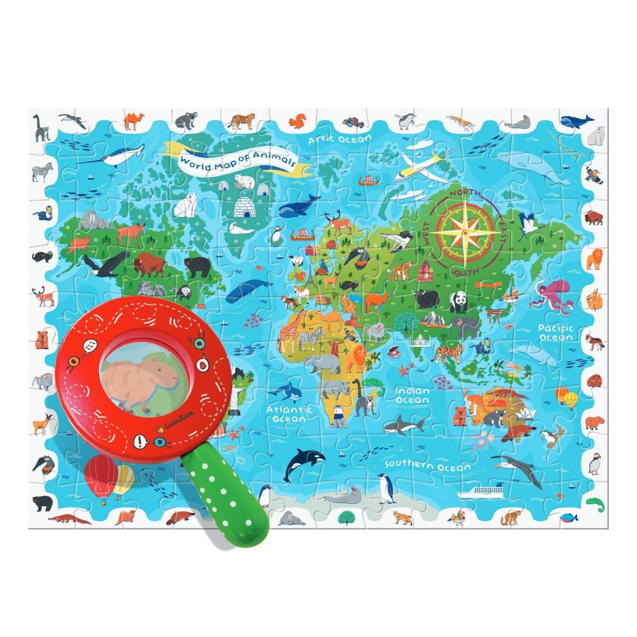 DETECTIVE PUZZLE - puzzle, gra detektywistyczna - MAPA ŚWIATA ze ZWIERZĘTAMI / Ludattica