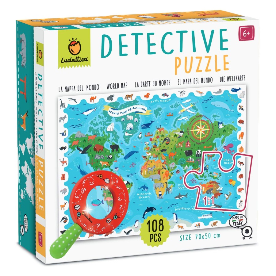 DETECTIVE PUZZLE - puzzle, gra detektywistyczna - MAPA ŚWIATA ze ZWIERZĘTAMI / Ludattica