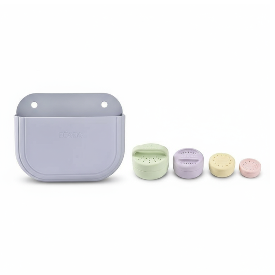 Silikonowy zestaw do kąpieli: zabawki Mint - multi colors i kosz do przechowywania Pebble / Beaba