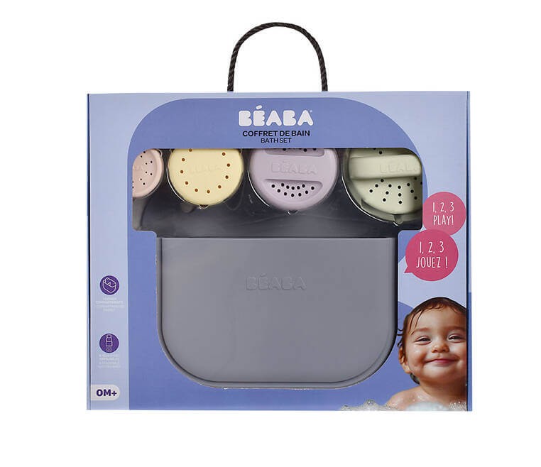 Silikonowy zestaw do kąpieli: zabawki Mint - multi colors i kosz do przechowywania Pebble / Beaba
