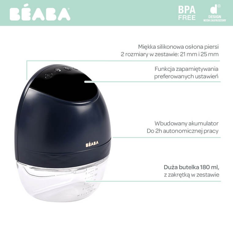 Laktator elektryczny bezprzewodowy muszlowy Hands-Free 180 ml Night Blue / Beaba