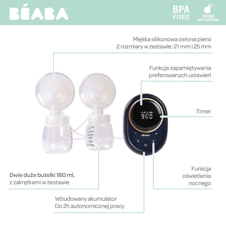 Laktator elektryczny podwójny 2x180 ml Night Blue / Beaba