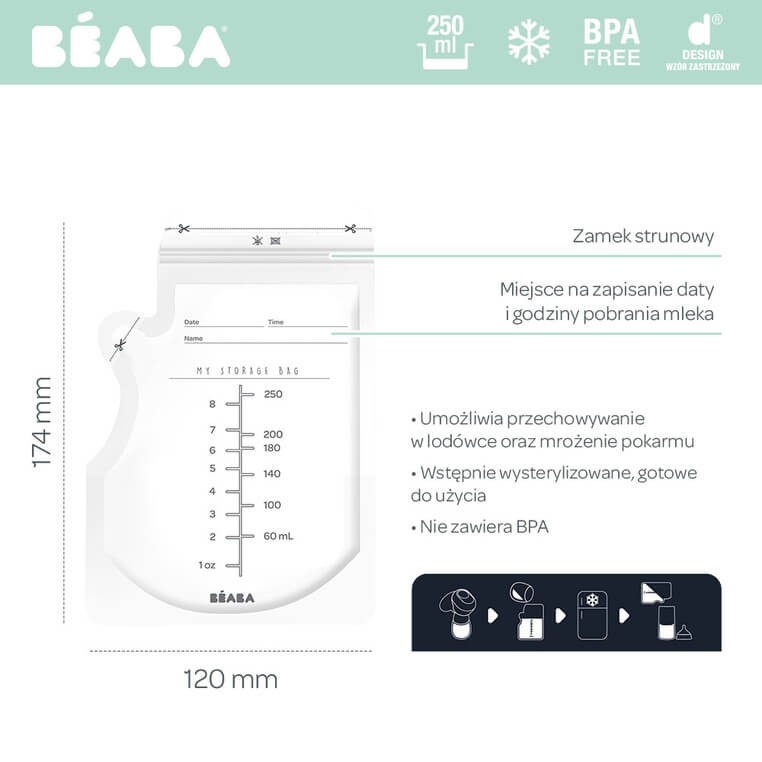 Woreczki do przechowywania pokarmu 250ml, 50 szt. / Beaba