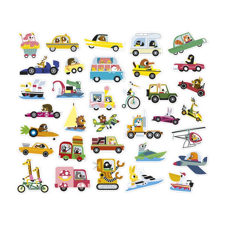 Naklejki wielorazowe na arkuszach 200 szt. Pojazdy 3+ / Janod