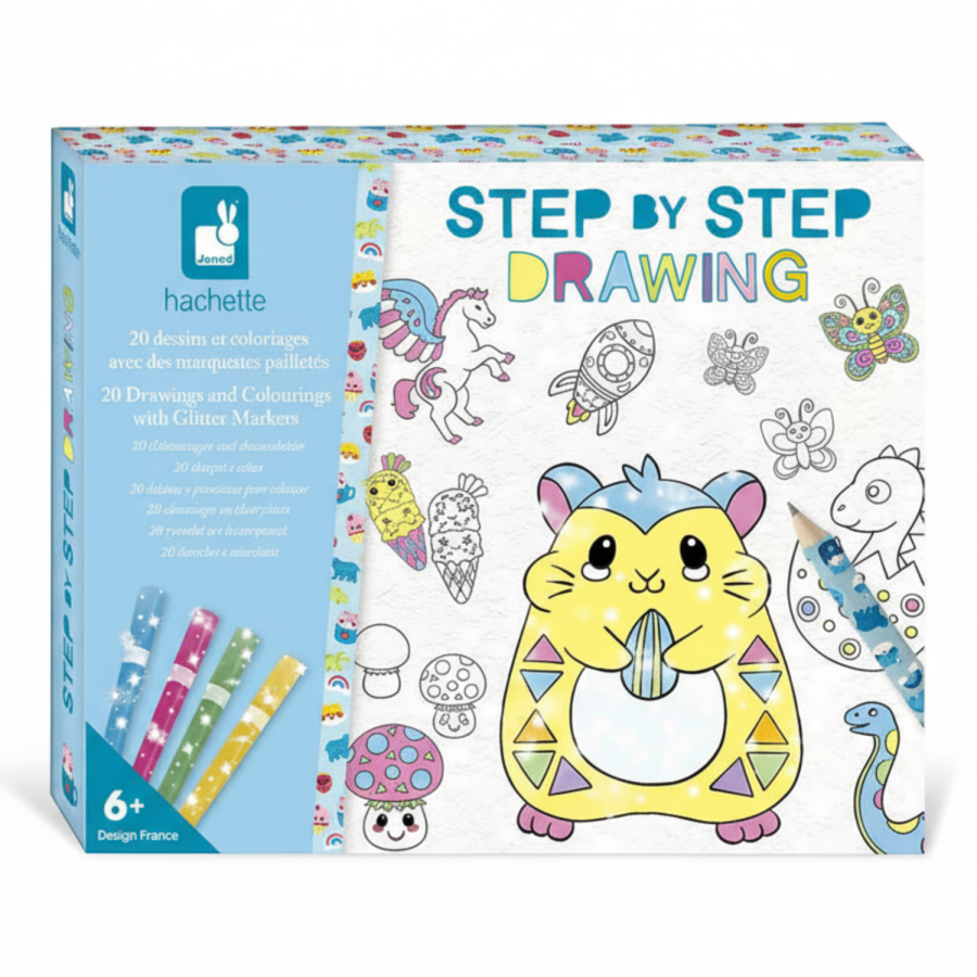 Zestaw kreatywny Rysowanie krok po kroku z brokatowymi markerami 20 rysunków i kolorowanek 6+ / Janod