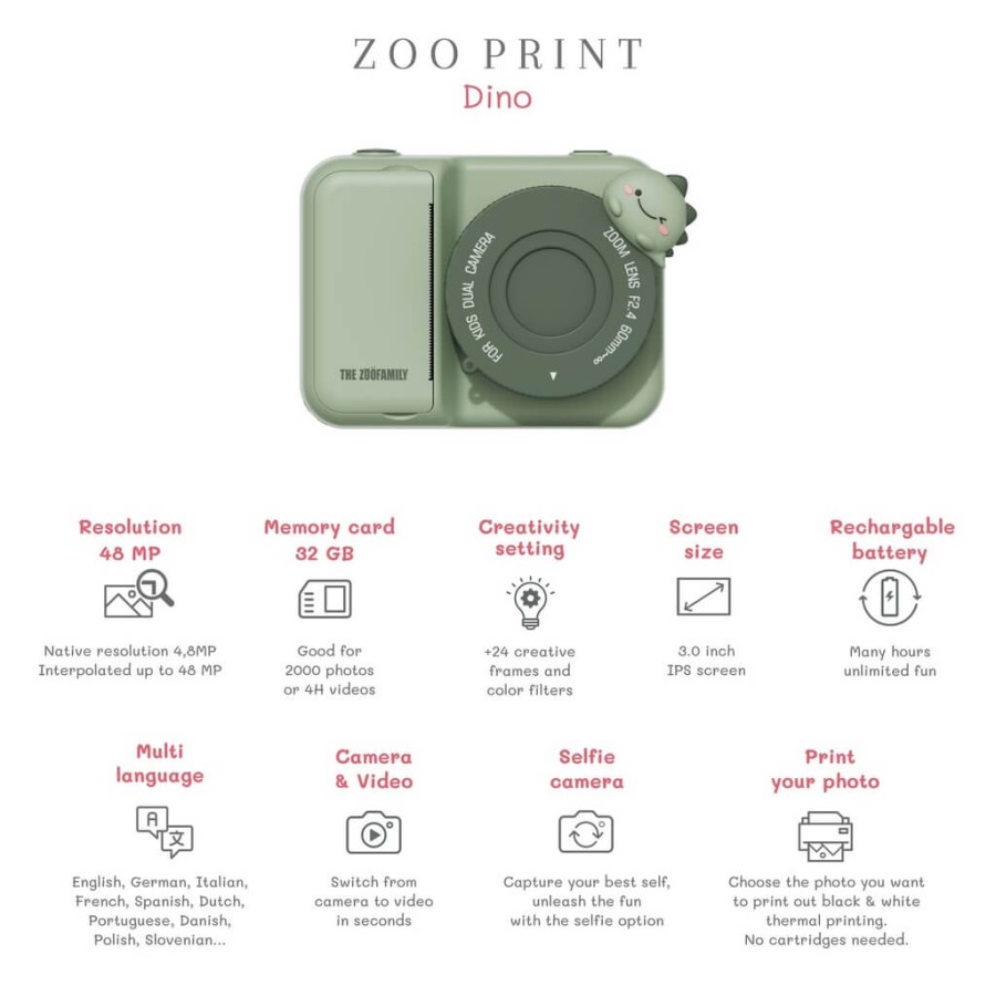 Aparat cyfrowy z drukarką dla dzieci Zoo Print - Dino Green / The Zoofamily