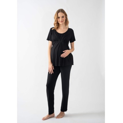 Piżama ciążowa Classic z długimi spodniami - czarna / Cool Mama