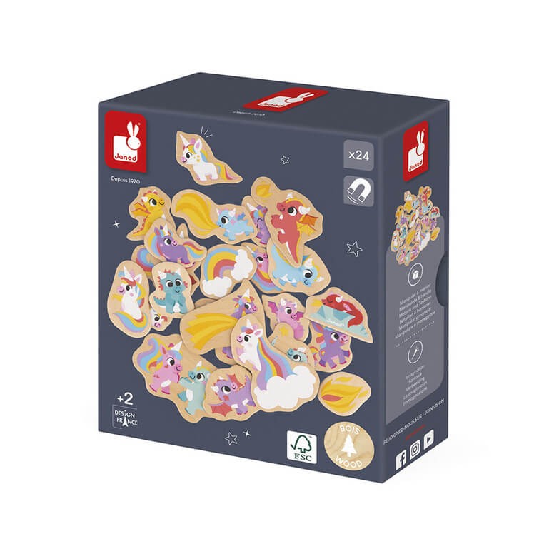 Magnesy drewniane Jednorożce i smoki 24 szt. 2+ / Janod
