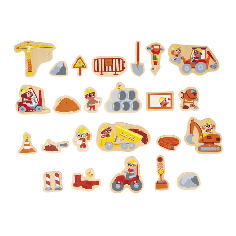 Magnesy drewniane Plac budowy 24 szt. 2+ / Janod