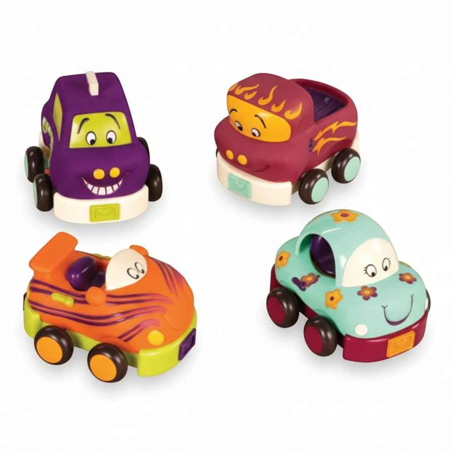 Wheeee-ls! – zestaw 4 autek z napędem z fioletem i miętą / B.Toys