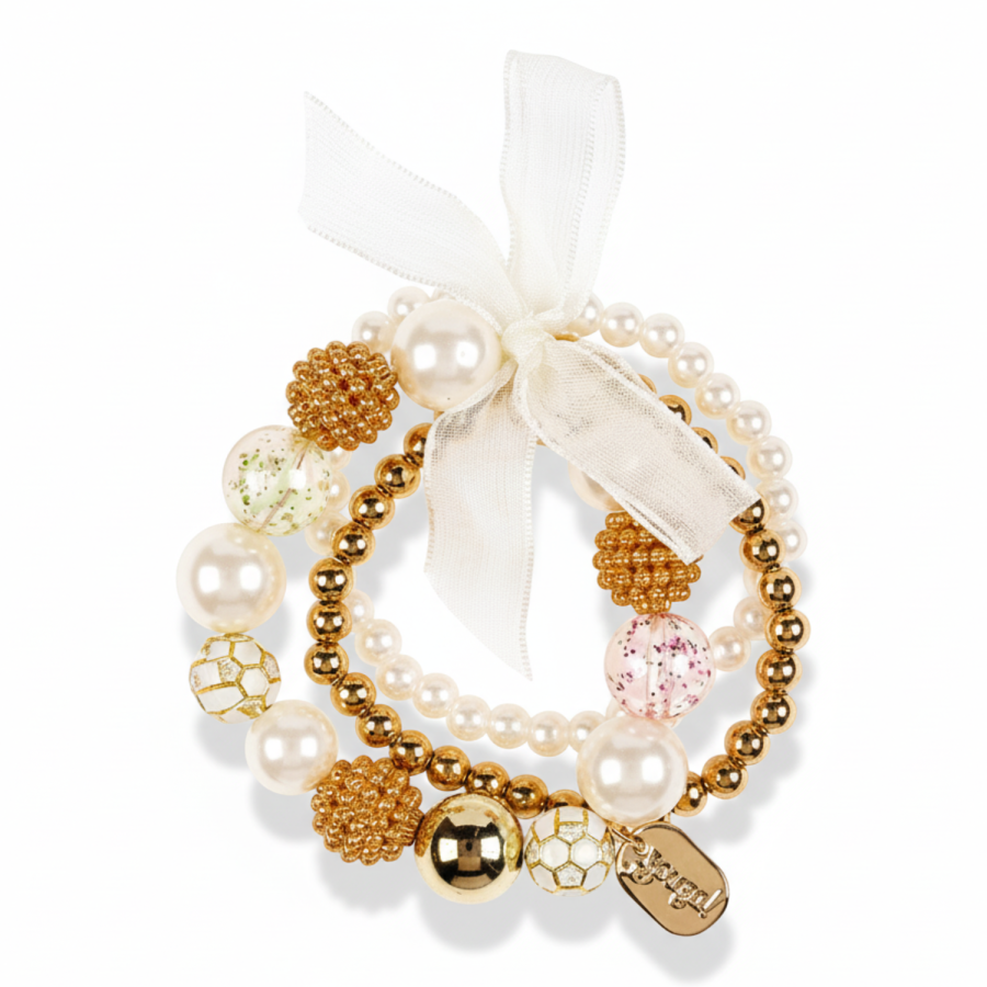 Potrójna bransoletka z dużymi perłami biało–złoto-jasnoróżowa Marceline / Souza!
