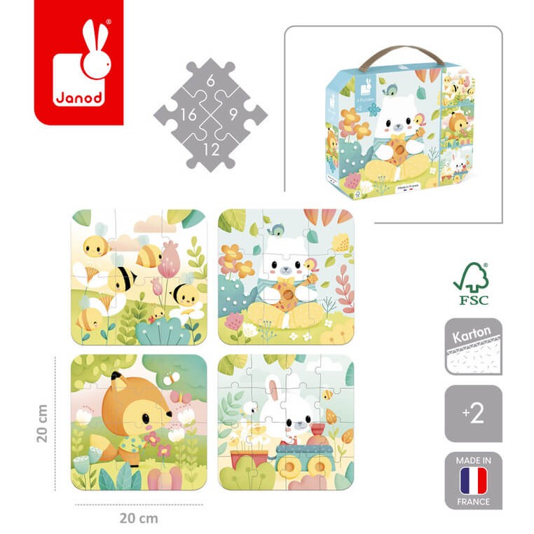 Puzzle progresywne w walizce Zwierzątka Pure 4 układanki – 6, 9, 12 i 16 elementów 2+ / Janod