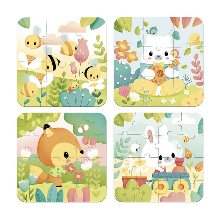 Puzzle progresywne w walizce Zwierzątka Pure 4 układanki – 6, 9, 12 i 16 elementów 2+ / Janod