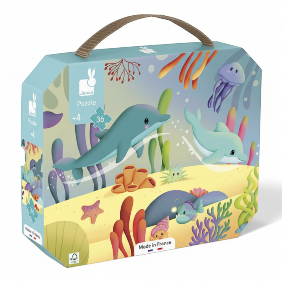 Puzzle panoramiczne w walizce Morskie stworzenia 36 elementów 4+ / Janod