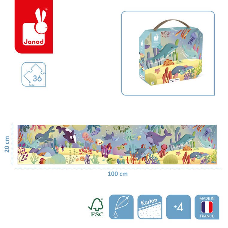 Puzzle panoramiczne w walizce Morskie stworzenia 36 elementów 4+ / Janod