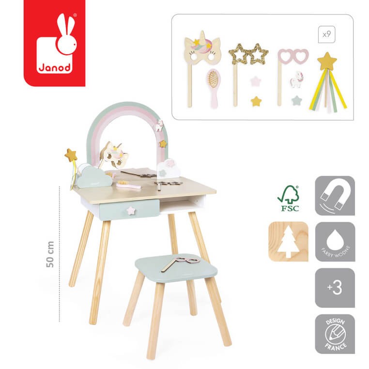 Duża toaletka drewaniana z akcesoriami Jednorożec 3+ / Janod