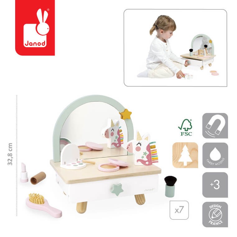 Mała toaletka drewniana z akcesoriami Jednorożec 3+ / Janod