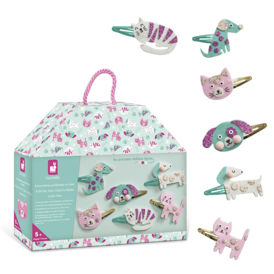 Zestaw kreatywny do tworzenia biżuterii Brokatowe spinki do włosów Pieski i kotki 5+ / Janod