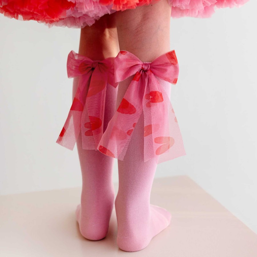 Podkolanówki z kokardą Candy Bow - Różowe z serduszkiem / Mama's Feet