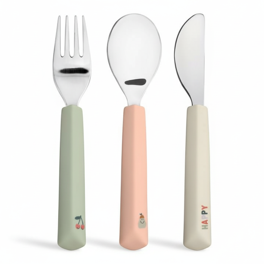 Zestaw sztućców ze stali nierdzewnej z silikonową rączką 3 el. Happy Fruits Cherry / Lassig