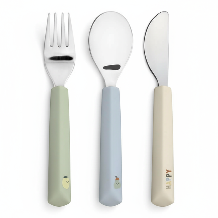 Zestaw sztućców ze stali nierdzewnej z silikonową rączką 3 el. Happy Fruits Lemon / Lassig