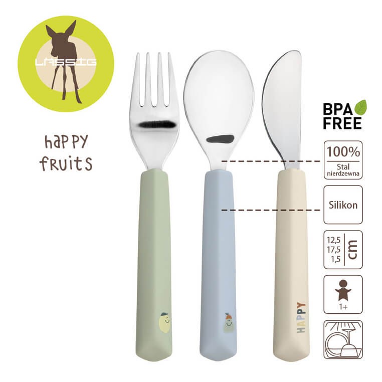 Zestaw sztućców ze stali nierdzewnej z silikonową rączką 3 el. Happy Fruits Lemon / Lassig