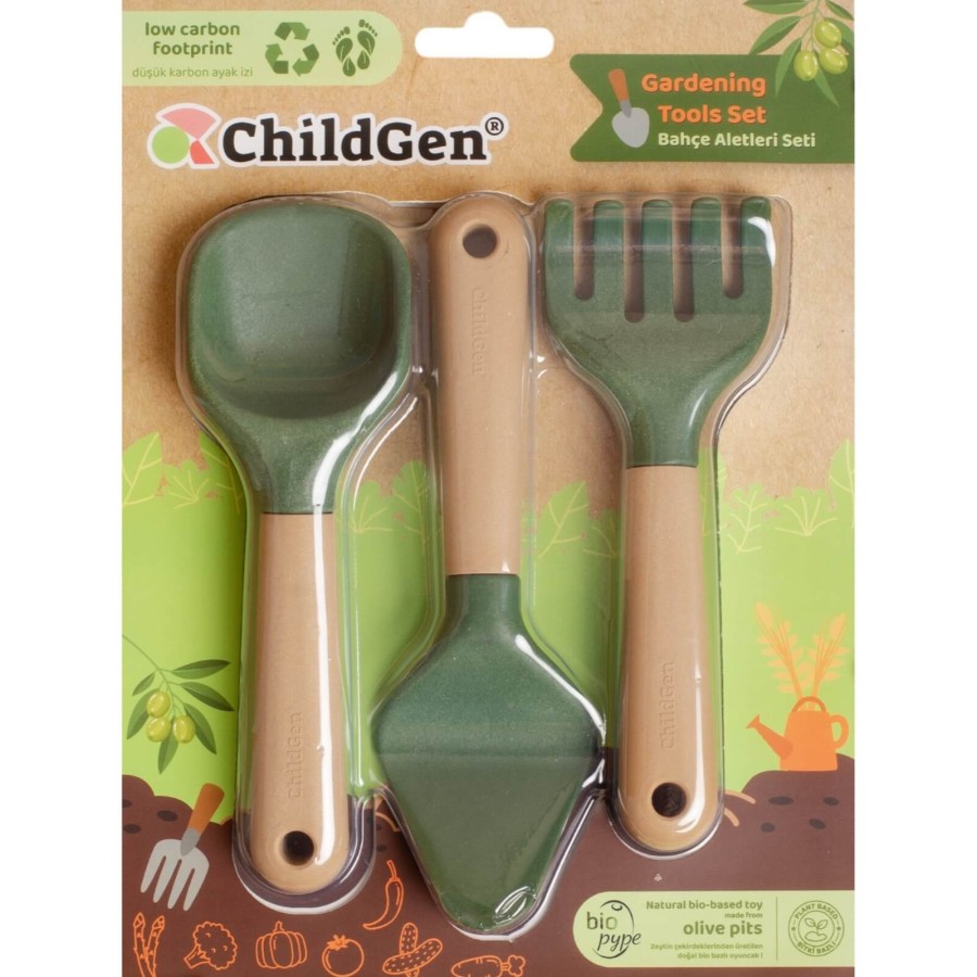Zestaw zabawkowych narzędzi ogrodowych do ćwiczenia motoryki małej, grabki, szpadel, łopatka, bio plastik / ChildGen